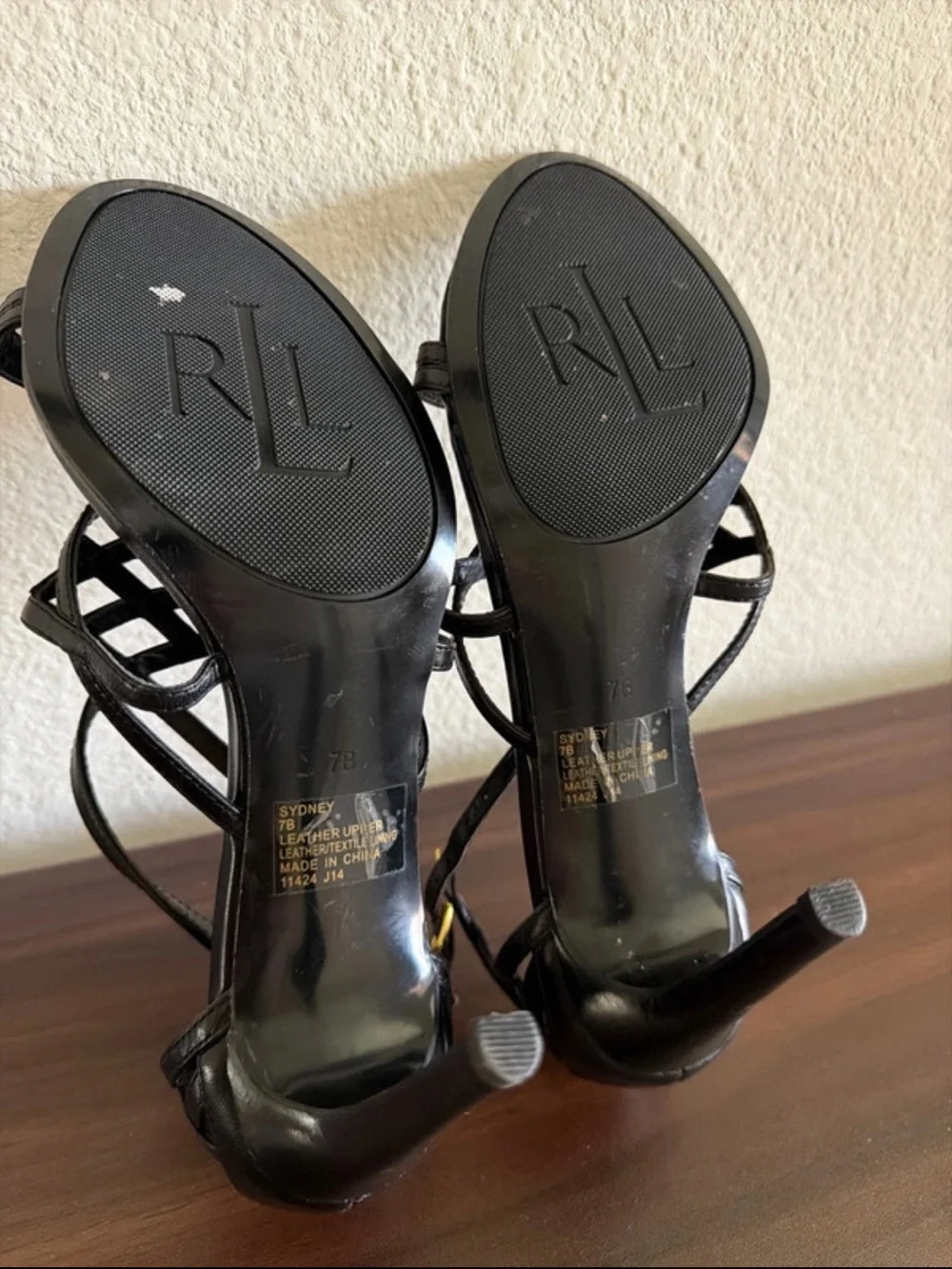 Ralph Lauren Black Leather Strappy Stiletto Heels 7B